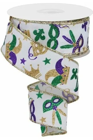 1.5" Mardi Gras Pattern Ribbon: White (10 Yards)