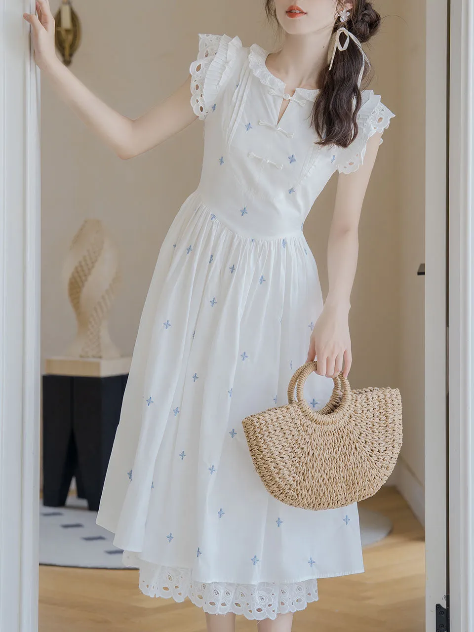 1950S Blue Star Embroidered Lace Angel Wings Dress