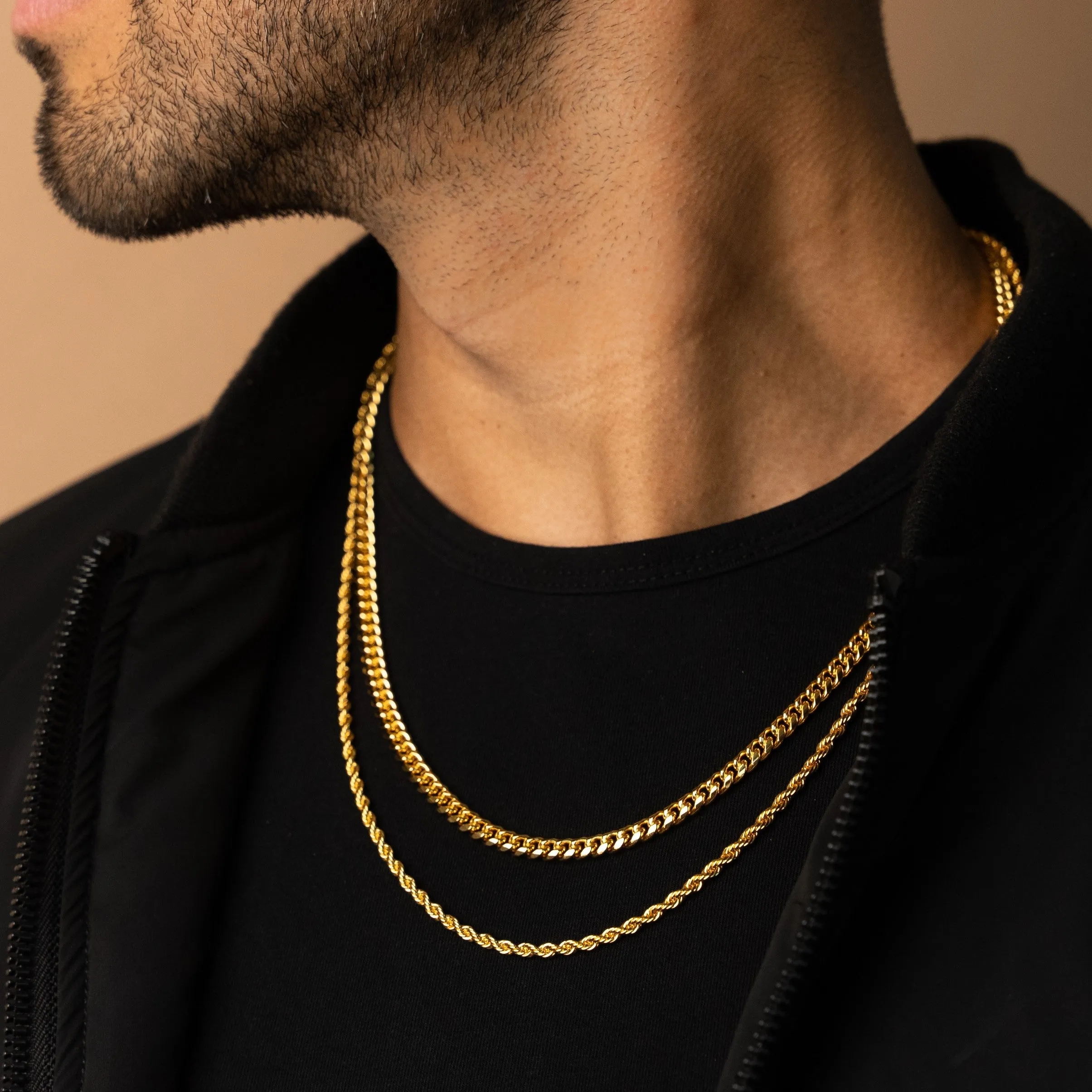 5mm Cuban Link   3mm Rope Chain Bundle - Gold