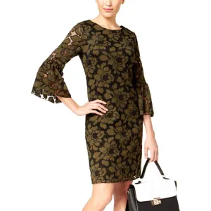 ALFANI LADIES AUTUMN MOSS CROCHET LACE BELL SLEEVE DRESS, BLACK/MOSS, 12,NWT