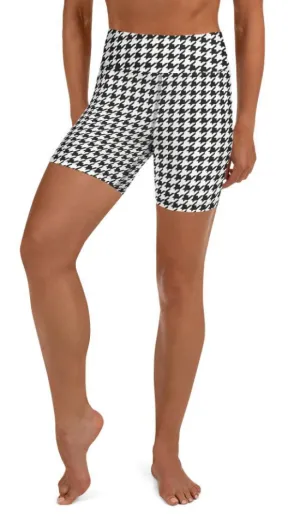 Black & White Houndstooth Print Yoga Shorts