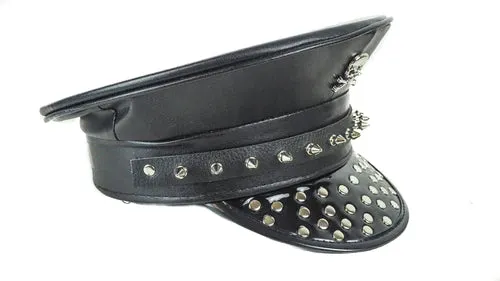 Black Patent Leather Captain Hat w/ Skull and Crossbone and Flat Round Stud Details