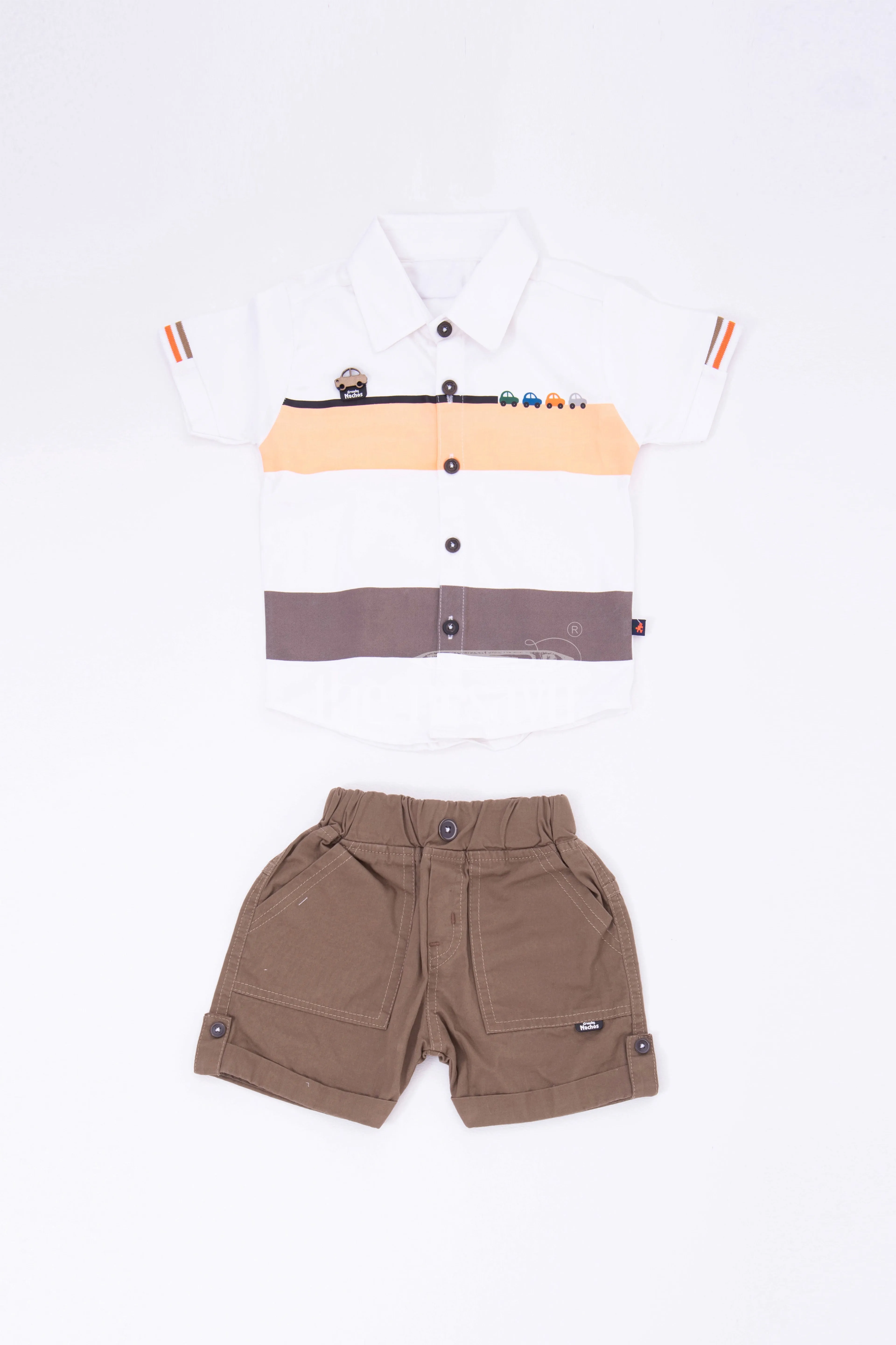 Boys' Striped Car Print Shirt & Shorts Set - Orange/Green