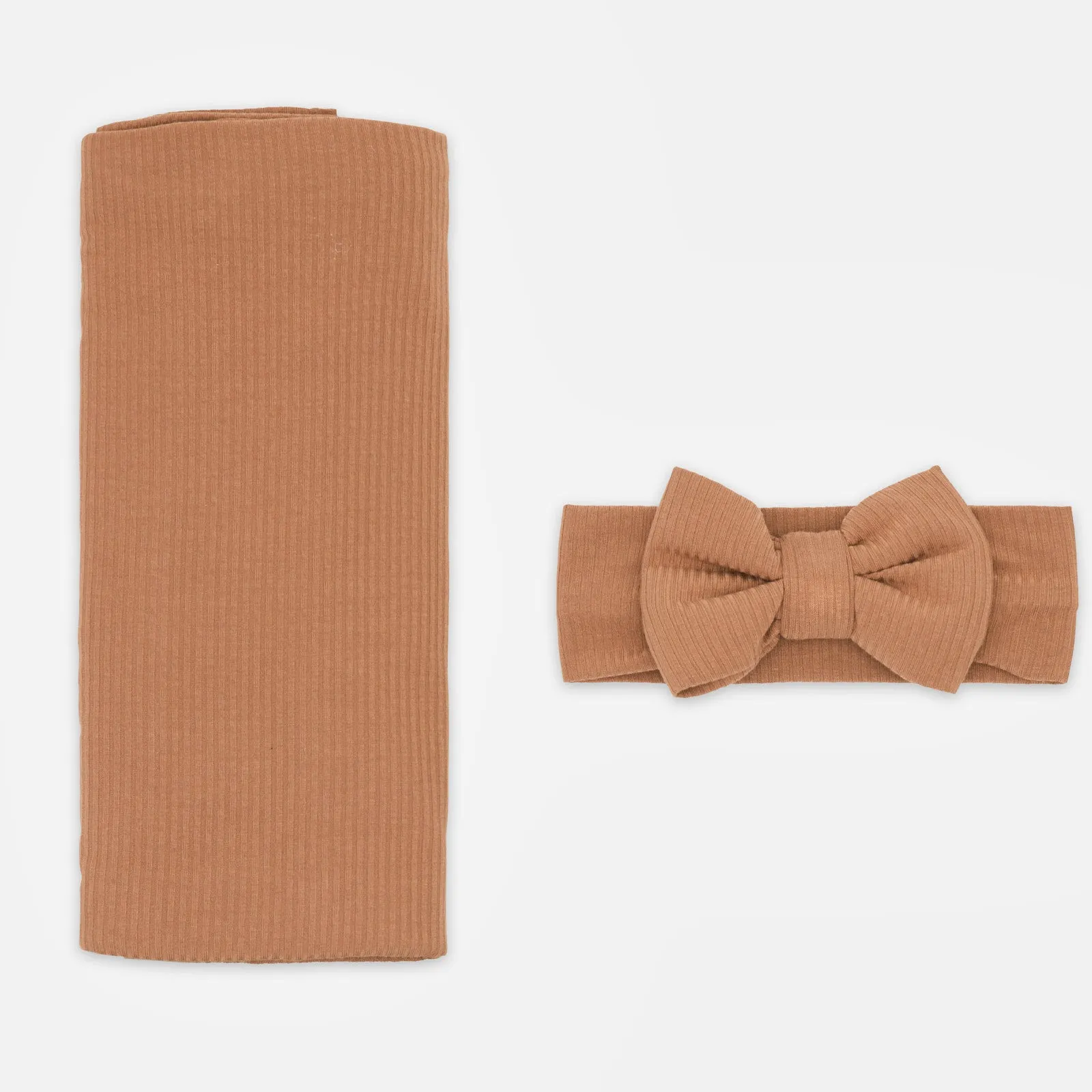 Caramel Ribbed Swaddle & Luxe Bow Headband Set