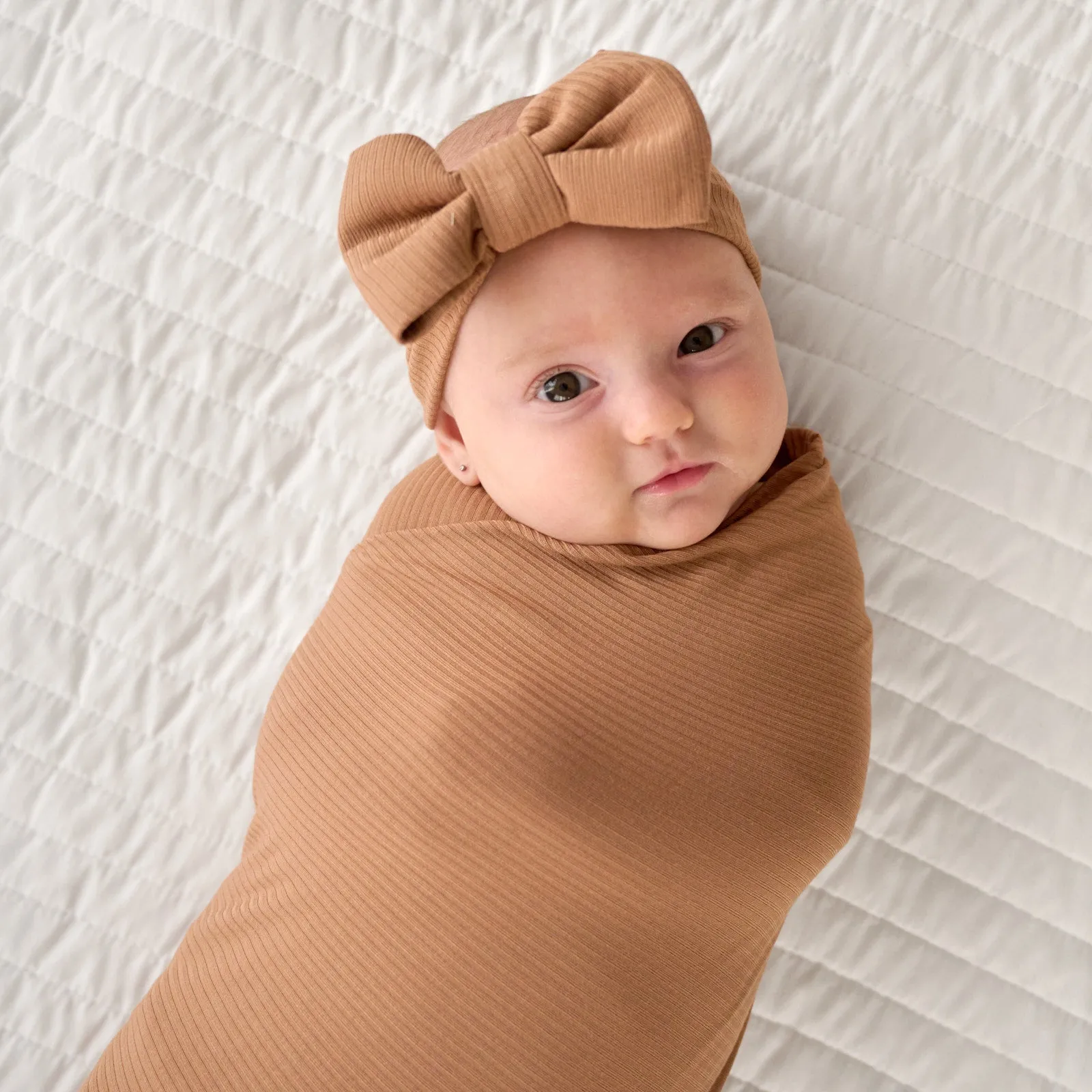 Caramel Ribbed Swaddle & Luxe Bow Headband Set