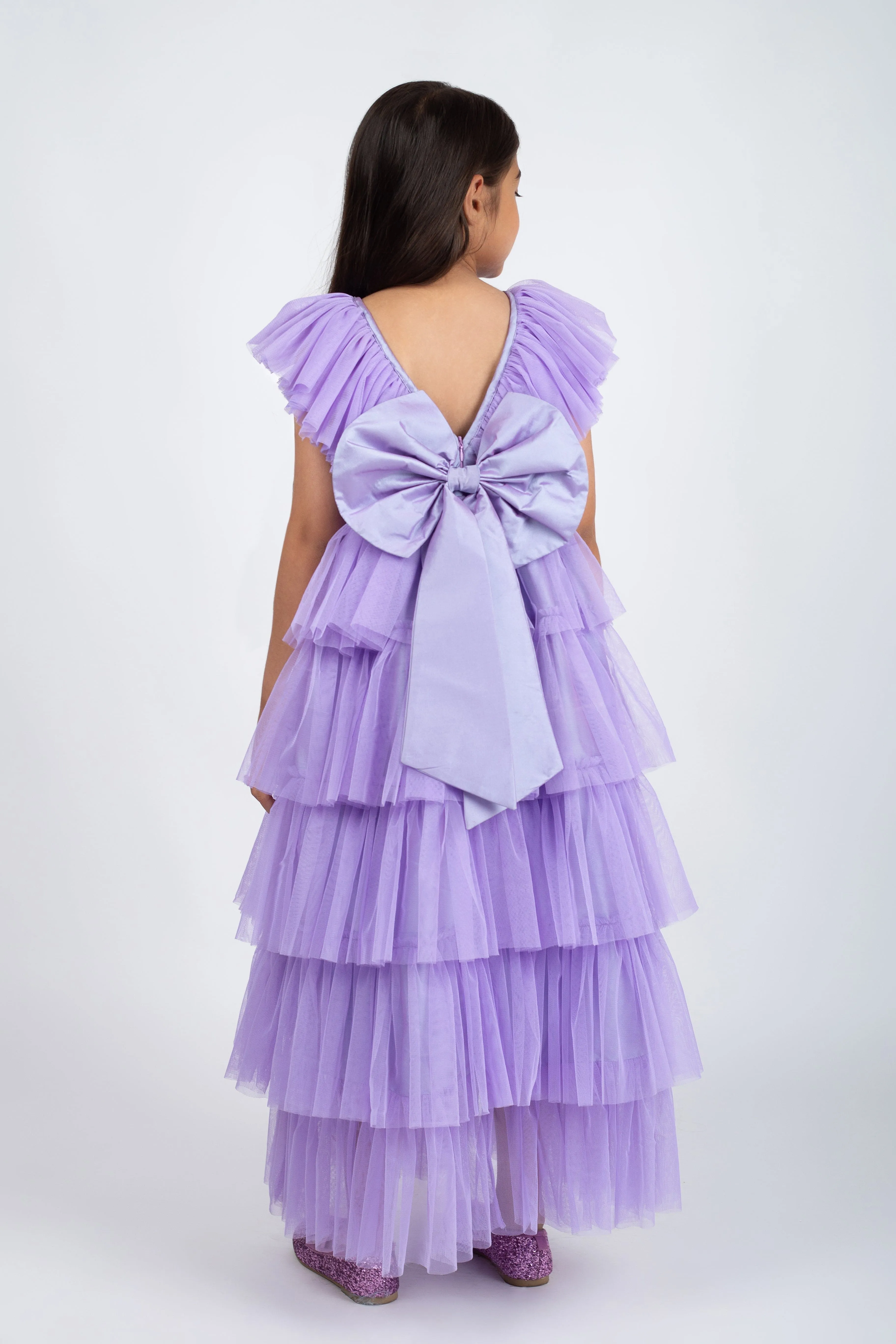 Layered net dress with bow at the back-Lavender