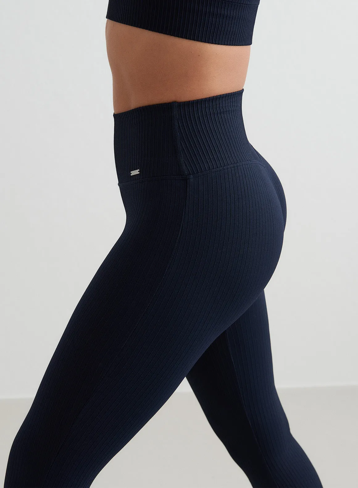 Navy Ribbed Seamless Flare Tights