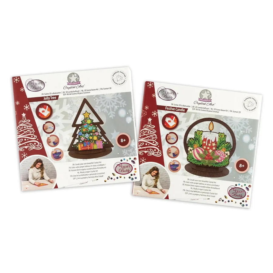 "Jolly Tree & Festive Candle" Crystal Art MDF Home Ornaments Set of 2