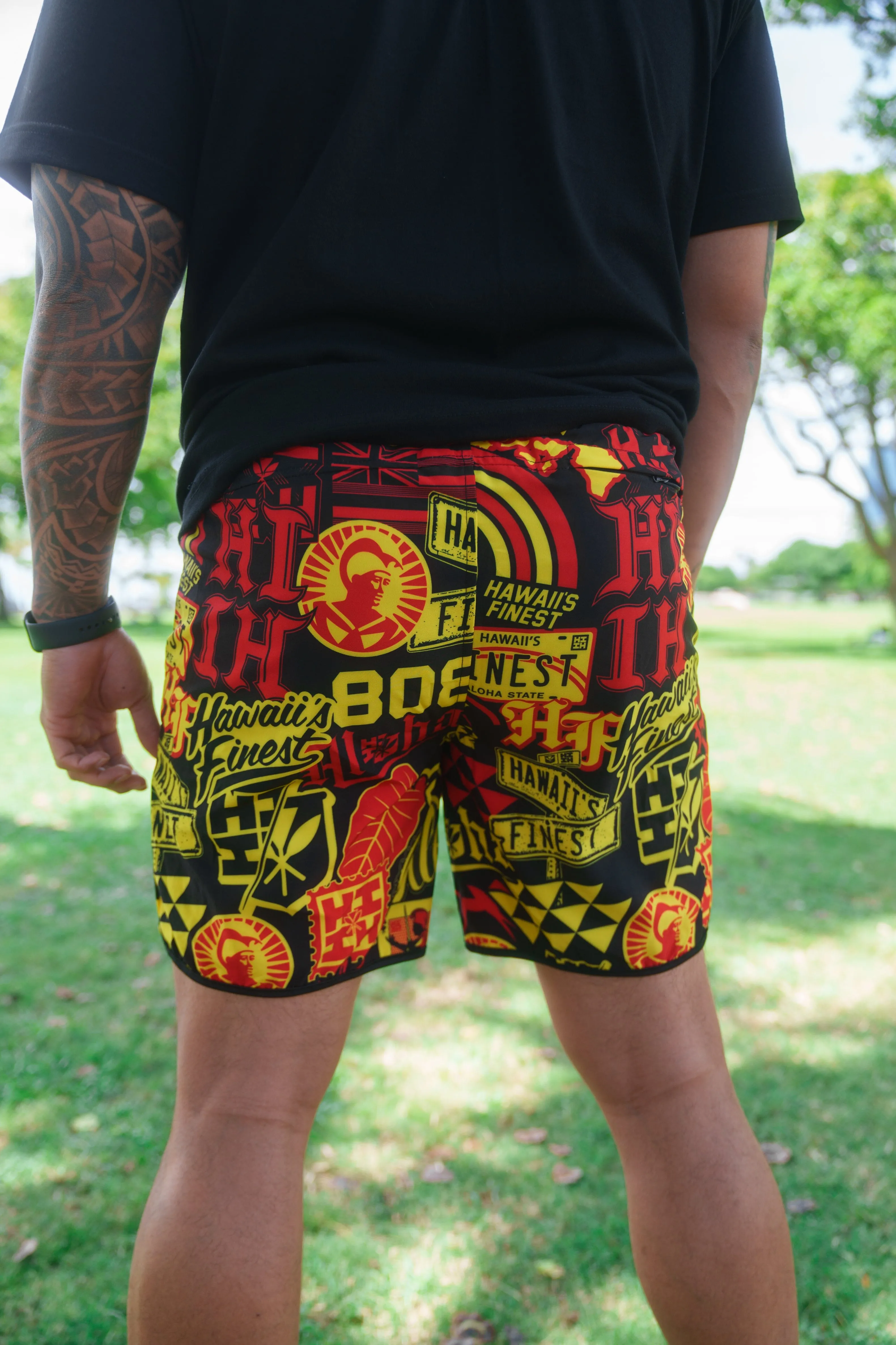 RED & YELLOW STICKERBOMB ALOHA FESTIVAL PERFORMANCE SHORTS