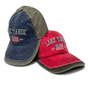 Souvenir Ball Cap US Flag Fray Bill, Navy and Red, Lake Tahoe Assorted