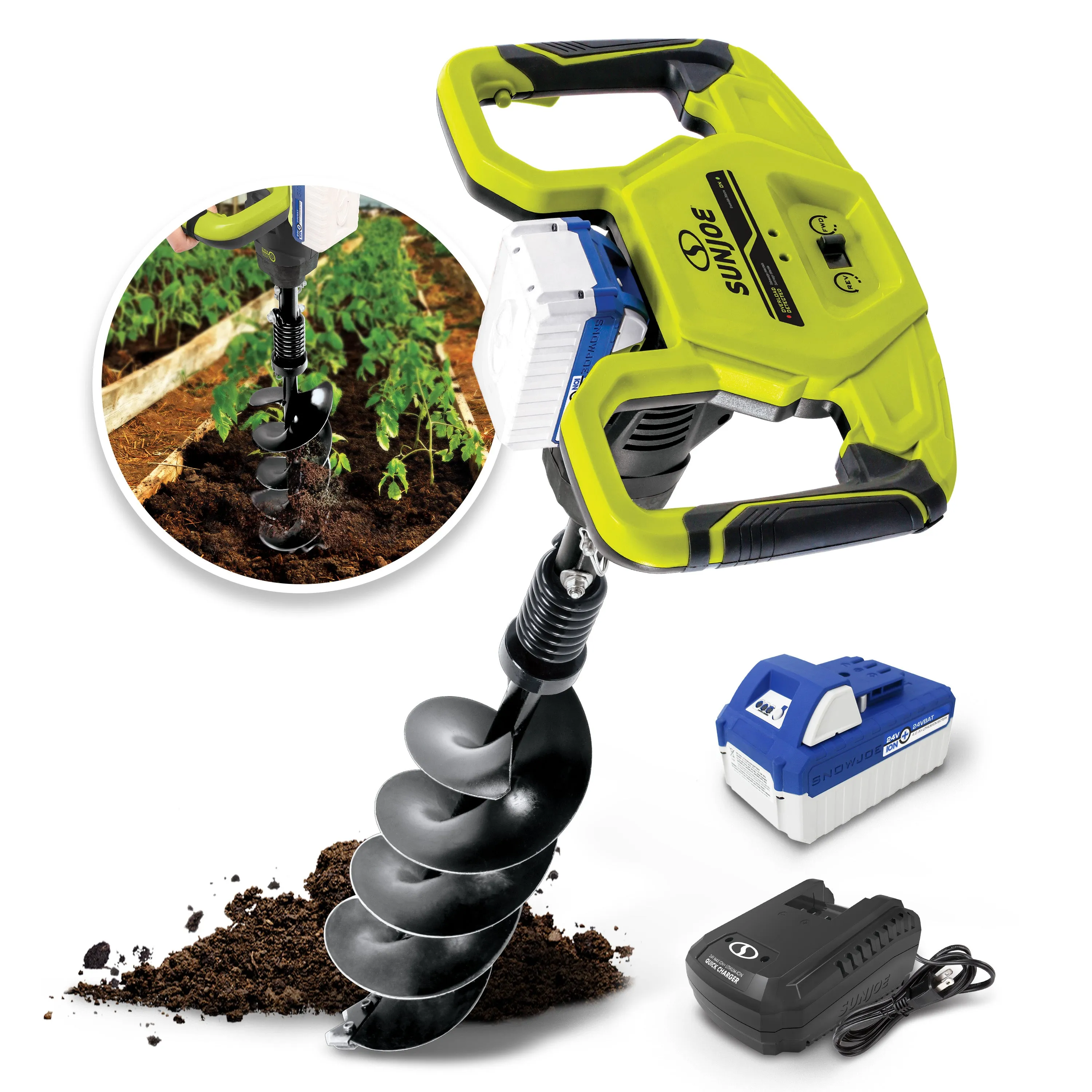 Sun Joe 24V-AGR100 24-Volt* IONMAX Cordless Earth Auger | 30" Drilling Depth | W/ 4.0-Ah Battery   Quick Charger